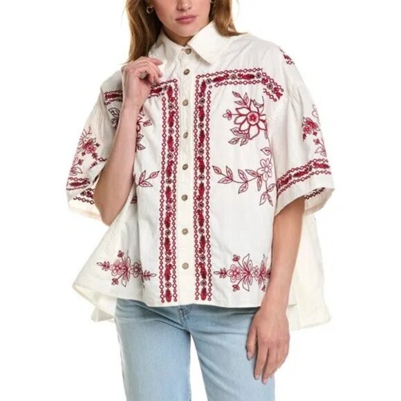 Free People Spring Refresh Vacation Shirt Womens M Floral Embroidered Boho Chic - Picture 1 of 7